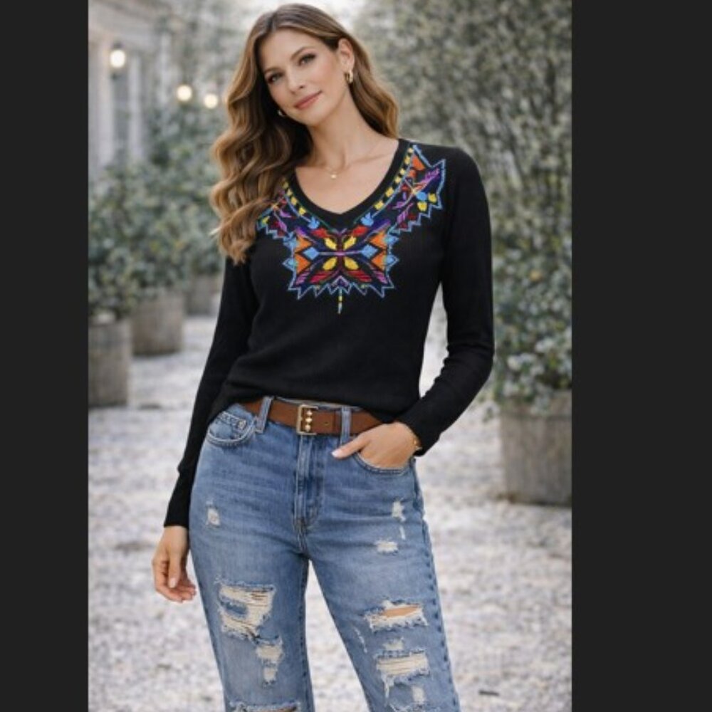Berek Artwear Top M Black Beaded Embroidered Cotton Blend Chic Statement